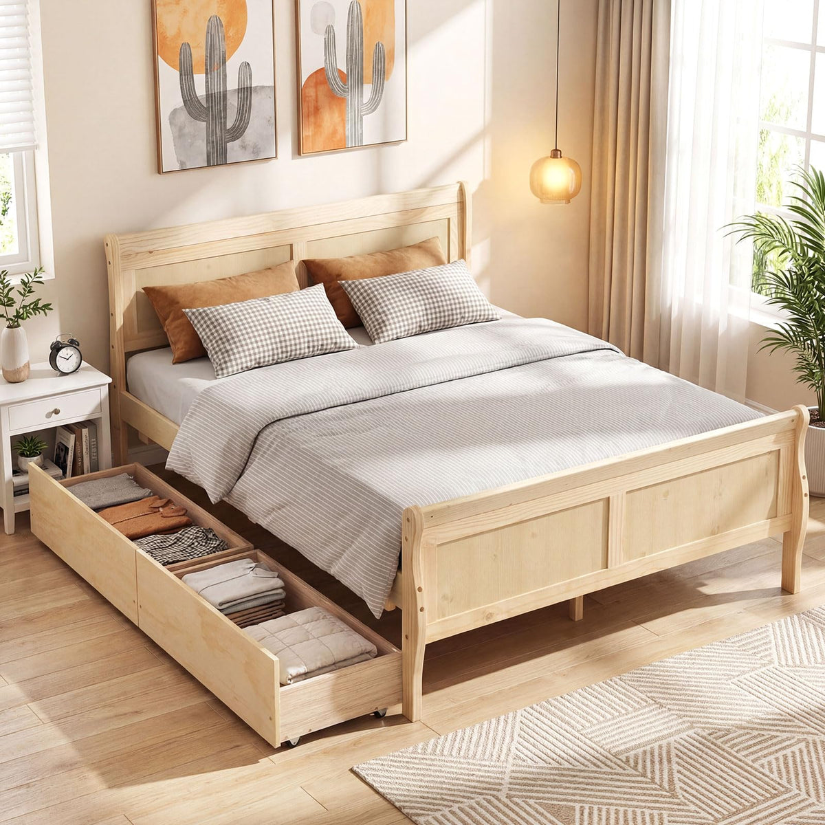 Goflame Twin/ Full/ Queen Bed with 2 Storage Drawers Wood Platform Bed with Headboard & Footboard