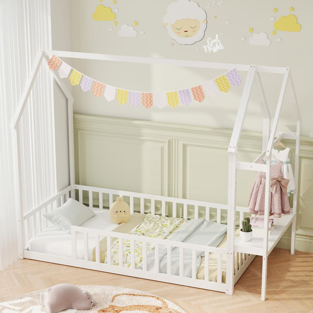 Goflame Twin House Floor Bed, Solid Wood Montessori Floor Bed with Detachable Storage Shelf & Clothes Hanger