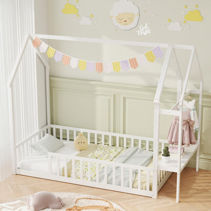 Goflame Twin House Floor Bed, Solid Wood Montessori Floor Bed with Detachable Storage Shelf & Clothes Hanger