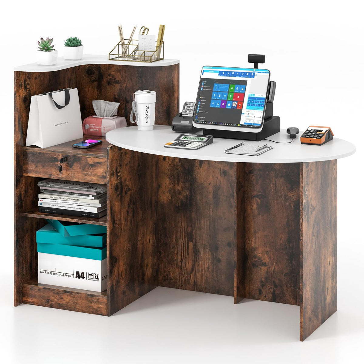 Goflame Reception Desk, Front Counter Desk with Lockable Drawer, Oval Tabletop & Adjustable Shelf