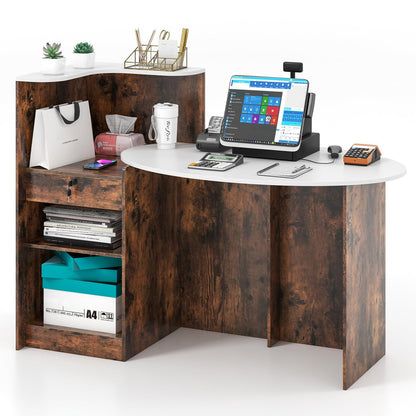 Goflame Reception Desk, Front Counter Desk with Lockable Drawer, Oval Tabletop & Adjustable Shelf