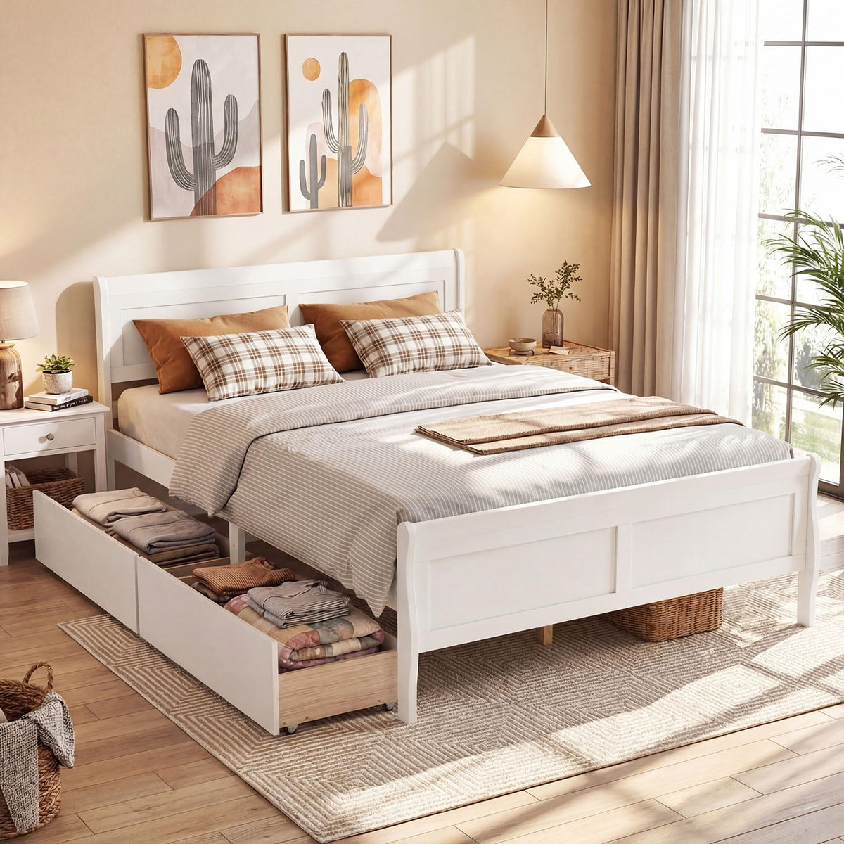 Goflame Twin/ Full/ Queen Bed with 2 Storage Drawers Wood Platform Bed with Headboard & Footboard