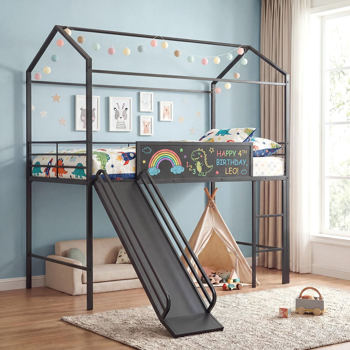 Goflame Twin Size House Loft Bed | Low Loft Bedframe w/Roof