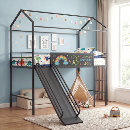 Goflame Twin Size House Loft Bed | Low Loft Bedframe w/Roof