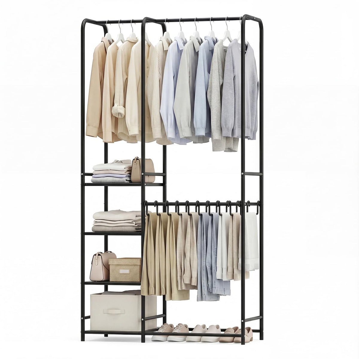 Goflame Heavy-Duty Metal Clothing Rack with 2 Hanging Rods & 4 Storage Shelves