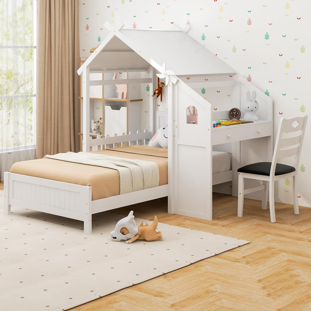 Goflame Twin House Bed with Desk & Chair, Wood Kids Playhouse Bed with 2 Drawers