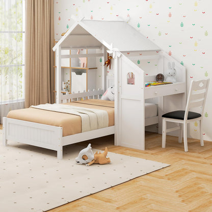 Goflame Twin House Bed with Desk & Chair, Wood Kids Playhouse Bed with 2 Drawers