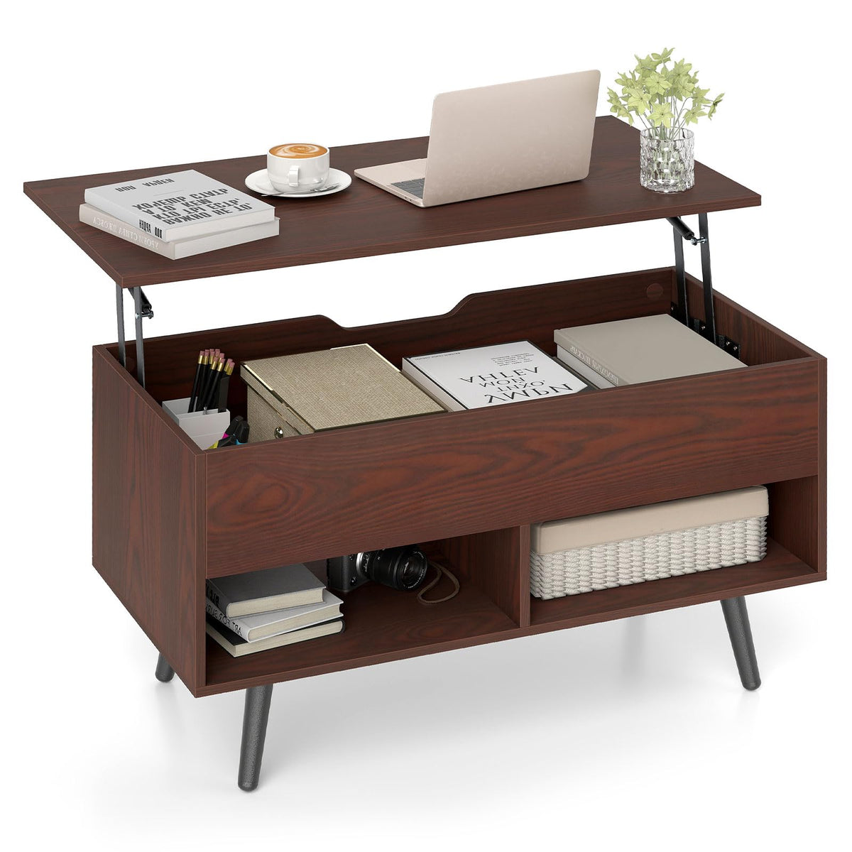 Goflame Lift Top Coffee Table Modern Cocktail Table w/Hidden Compartment & 2 Open Shelves