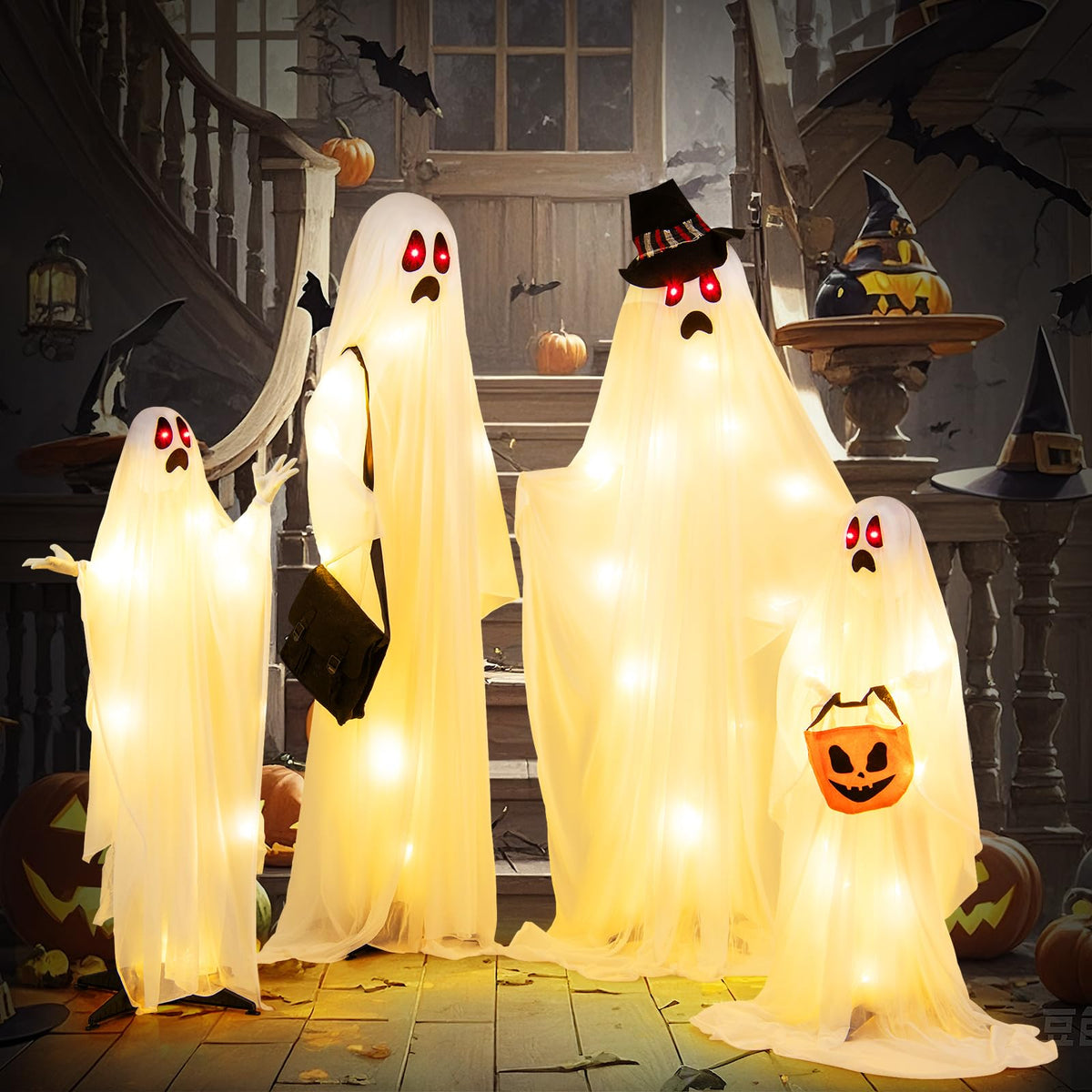 Goflame Halloween Light Up Family Ghosts, 4 PCS LED Glowing Halloween Ghosts