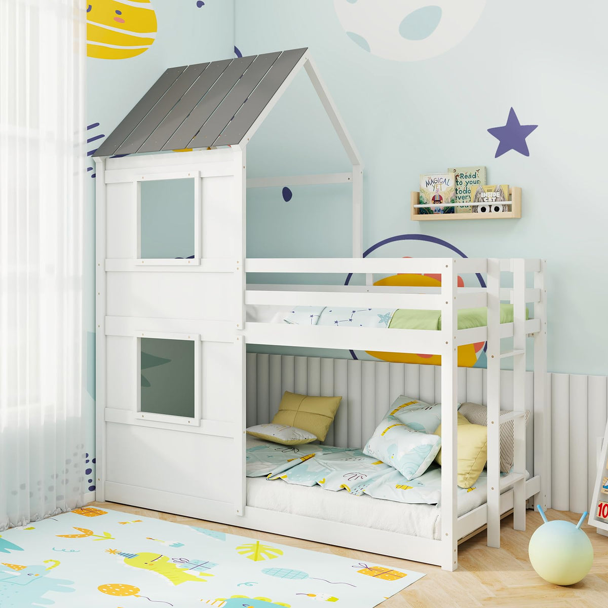 Goflame House Bunk Bed Twin Over Twin, Solid Wood Floor Bunk Bed with Built in Ladder, Window & Safety Guardrail