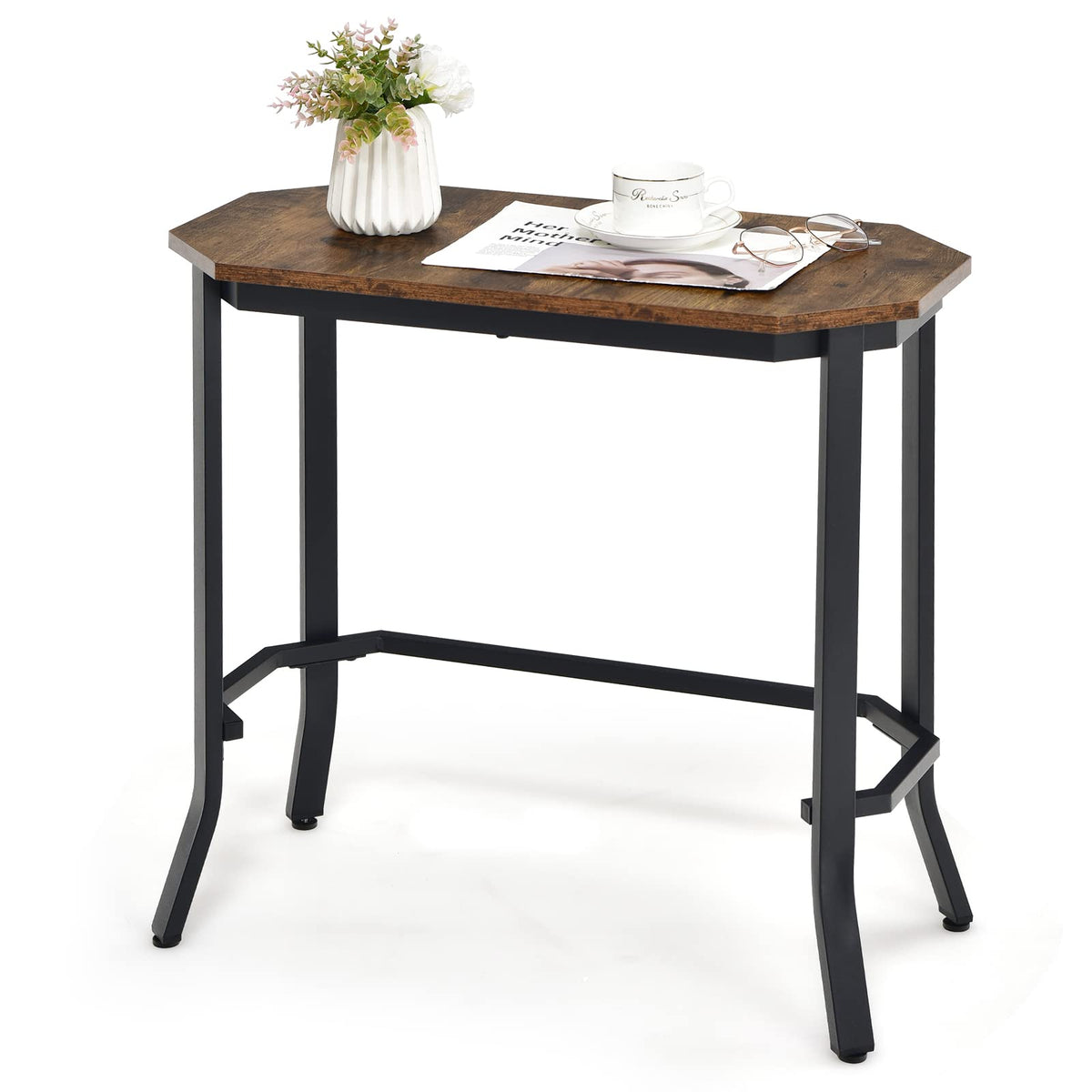 Goflame Narrow End Table w/Rustic Wood Grain & Stable Steel Frame, 25.5"x12.5"x24.5" Rustic Brown