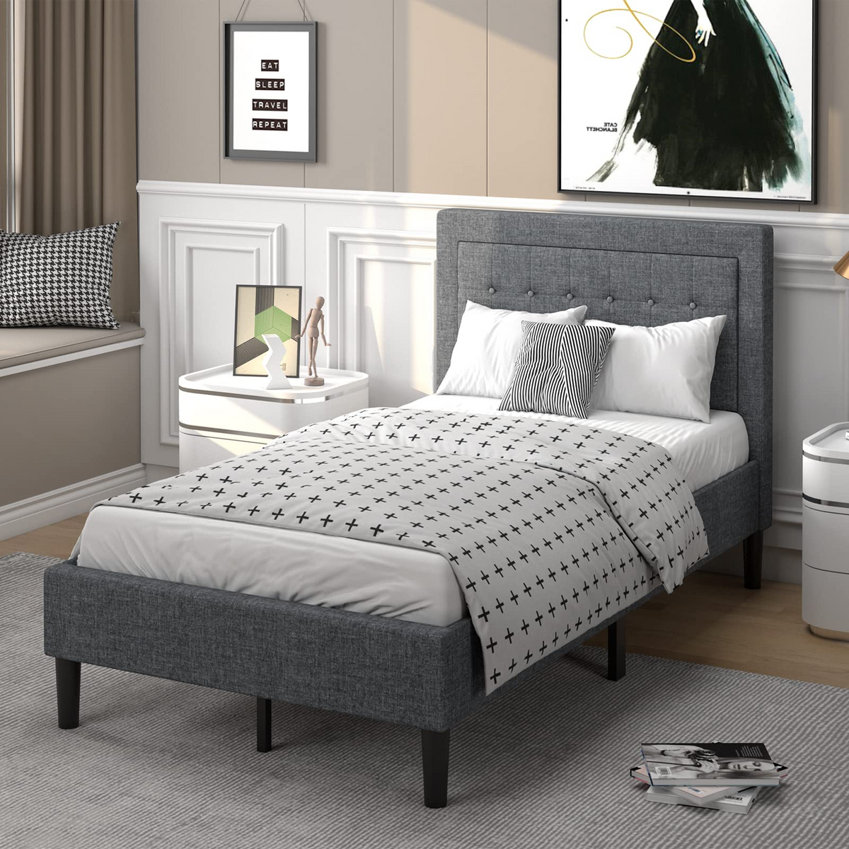 Modern Twin Size Platform Bed w/Button Tufted Headboard | Upholstered Bed Frame