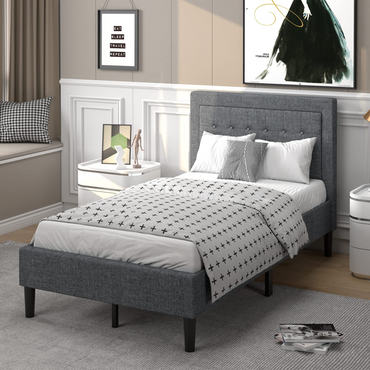 Modern Twin Size Platform Bed w/Button Tufted Headboard | Upholstered Bed Frame