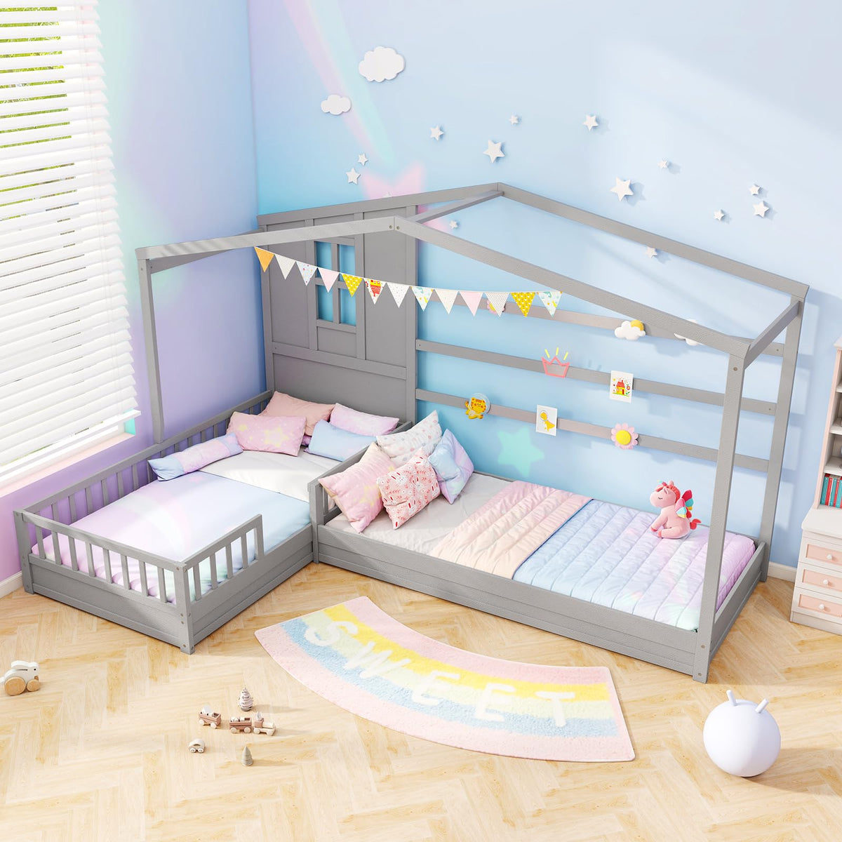 Goflame Double Twin Beds for Kids, House L-Shaped Platform Beds with Window & Fences