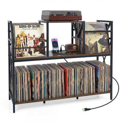 Goflame Large Record Player Stand with Charging Station & Dividers for Albums