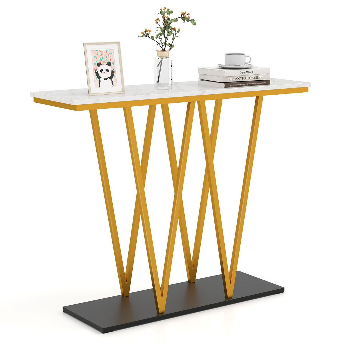 Goflame Gold Entryway Table 40 Inch Modern Console Table with Faux Marble Table and Metal Frame