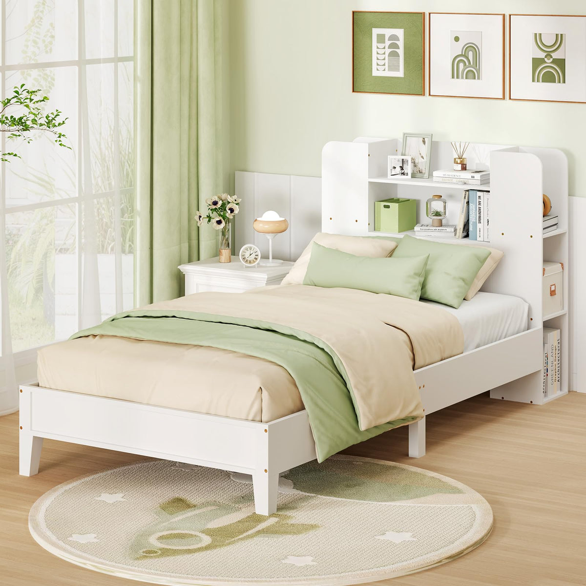 Goflame Twin Bed Frames for Kids, Wooden Twin Size Bed with Storage Bookcase Headboard