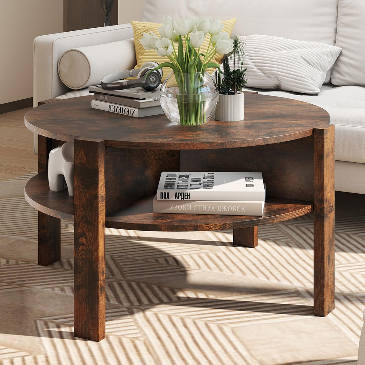 Goflame Round Coffee Table with Storage Shelves
