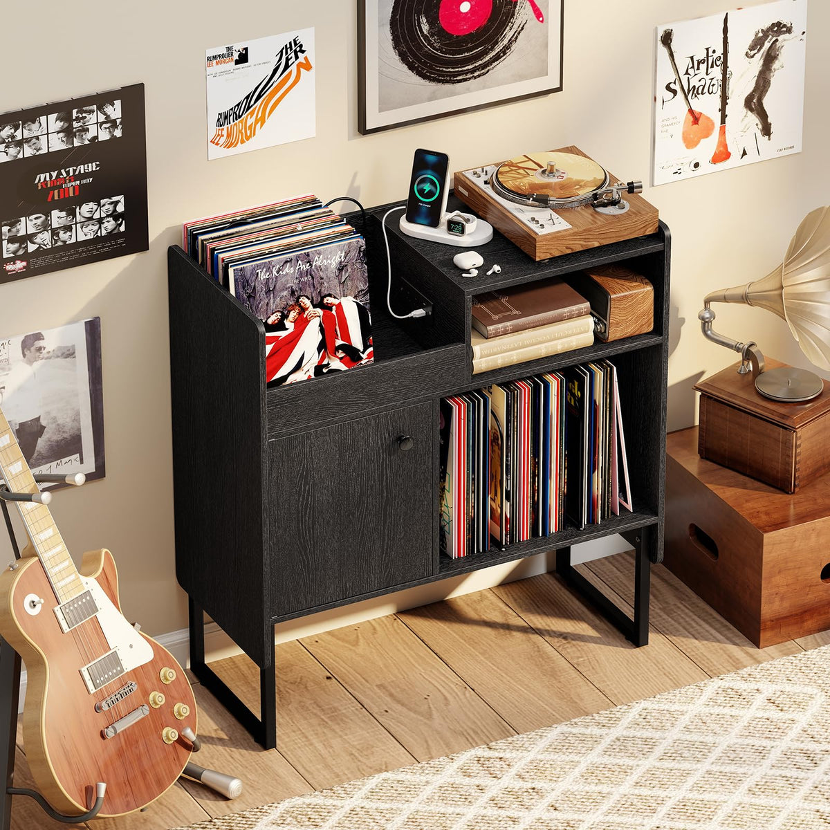 Goflame Record Player Stand with Open Shelf & Cabinet Hold Up to 250 Albums