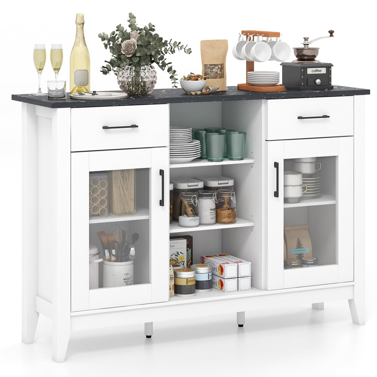 Goflame Sideboard Buffet Cabinet with 2 Drawers, Kitchen Storage Cabinet w/2 Doors, Open Compartments