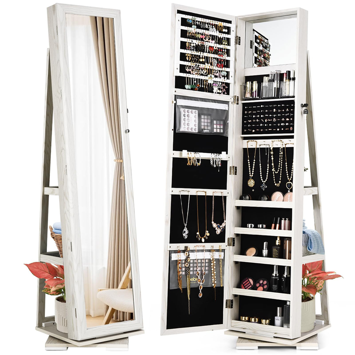 GOFLAME 360° Rotating Jewelry Armoire with Rear Storage Shelves