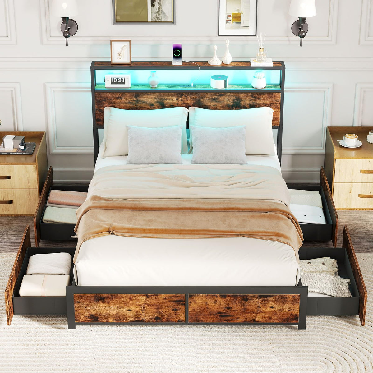 Goflame Queen/Full Size LED Bed Frame with Charging Station & 4 Storage Drawers
