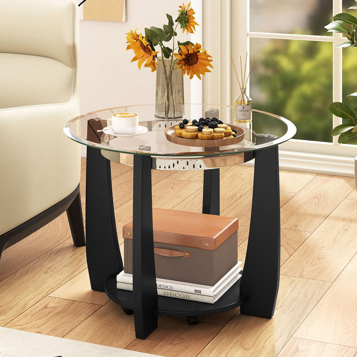 Goflame Round Glass Coffee Table 32" Rolling Center Tables with Wheels