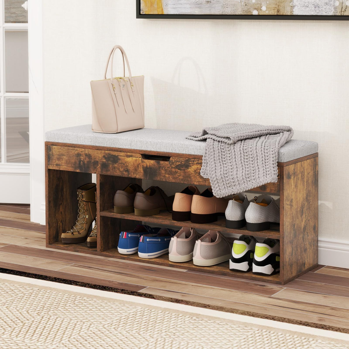 Goflame 3 Tier Shoe Rack Organizer with Flip Top Storage and Padded Seat Cushion