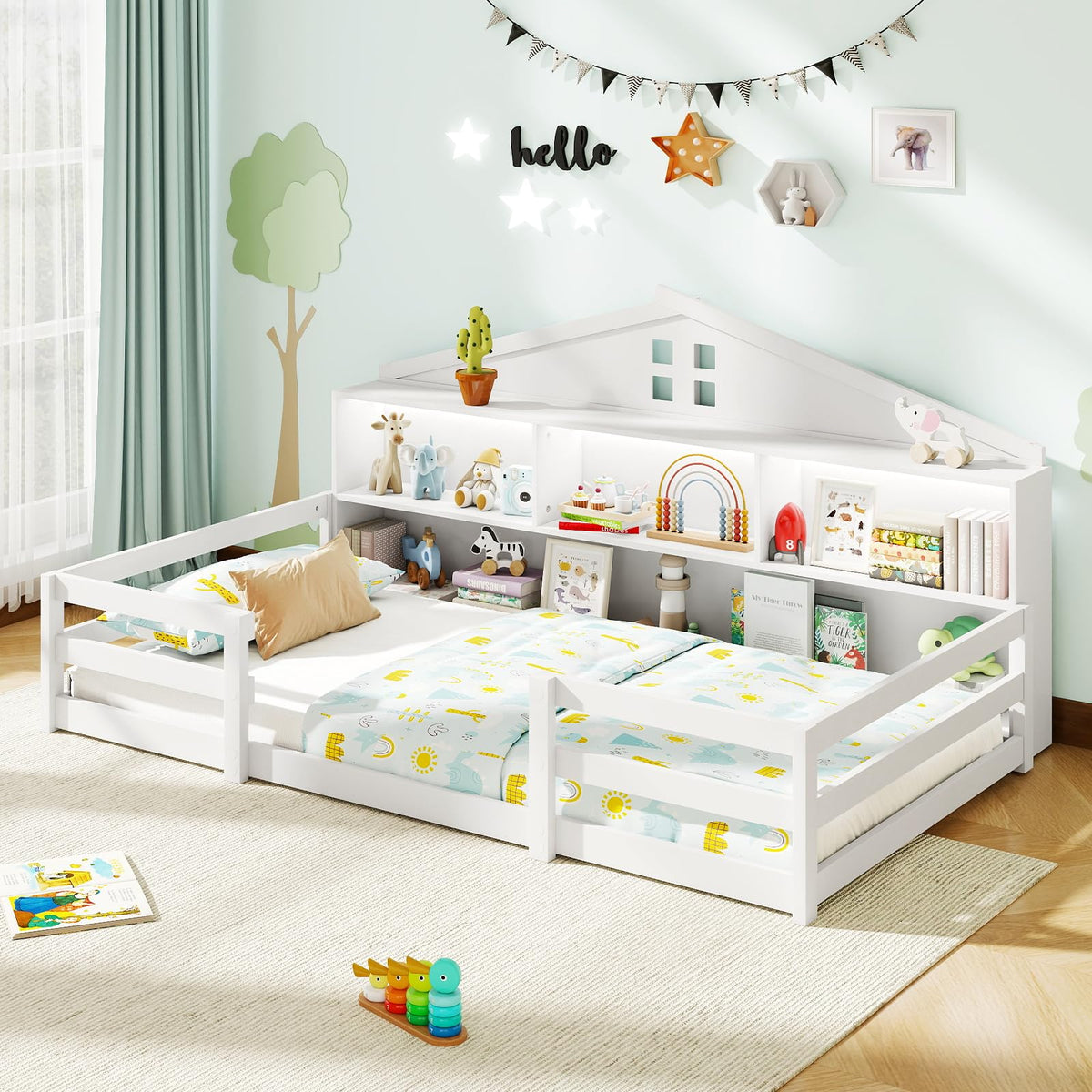 Goflame Montessori Floor Bed with LED Lights 2-in-1 Wooden House Bed Frame with Safety Guardrails