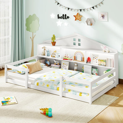 Goflame Montessori Floor Bed with LED Lights 2-in-1 Wooden House Bed Frame with Safety Guardrails