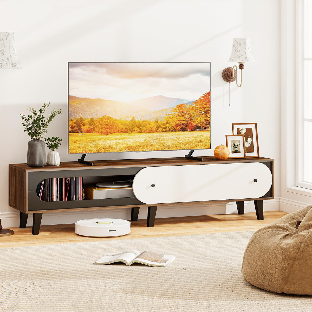 Goflame TV Stand for 80 Inch TVs Mid Century Modern Entertainment Center with Sliding Door Cabinet