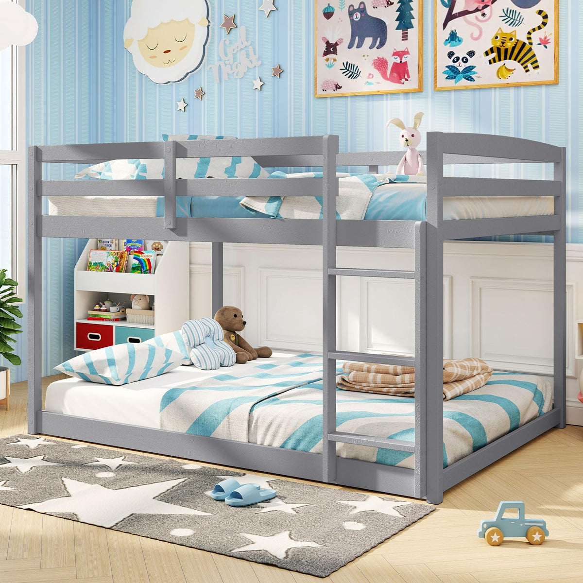 Goflame Full Over Full Bunk Bed Solid Wood Kids Bunk Bed with Full-Length Guardrails