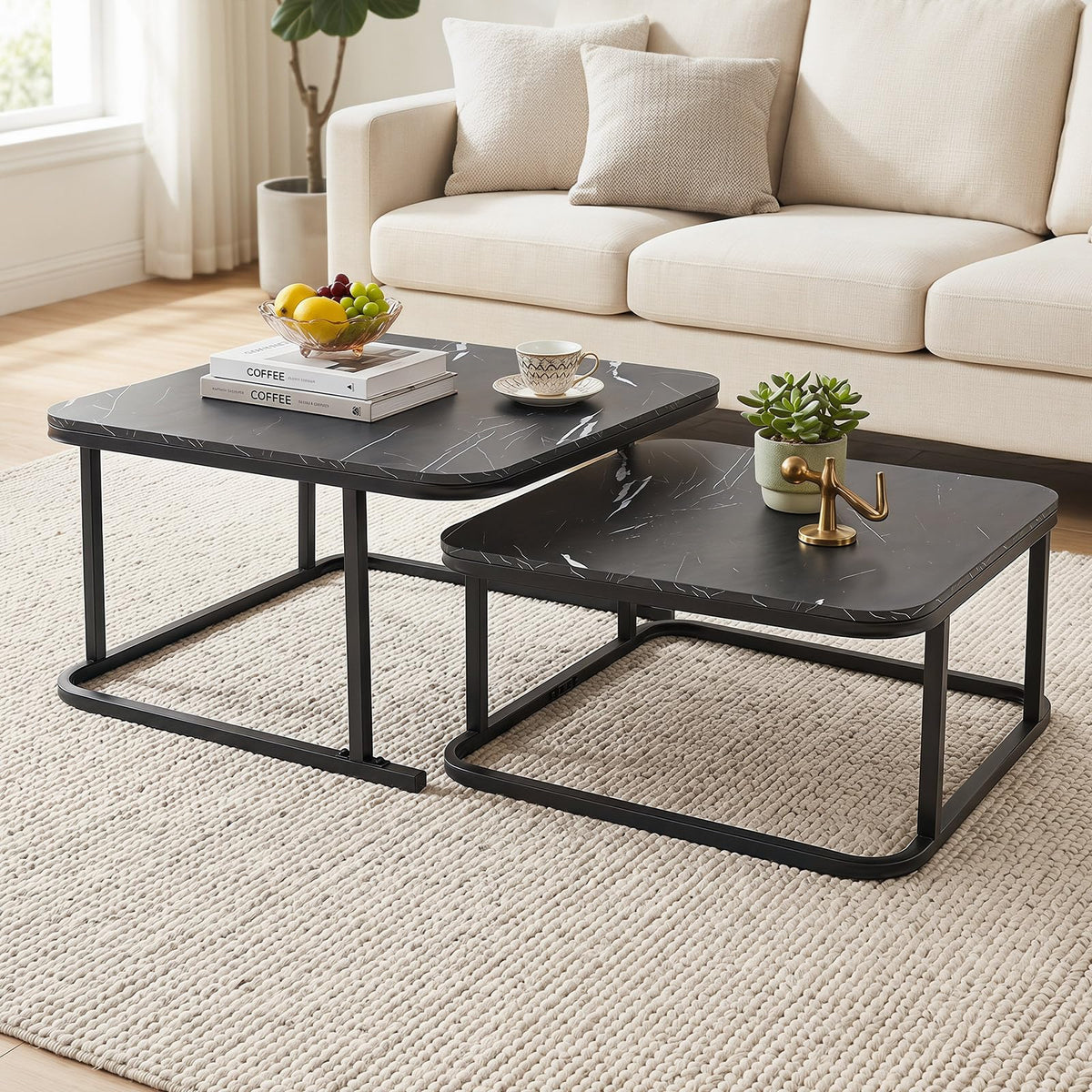 Goflame Nesting Coffee Table Set of 2 with Metal Frame