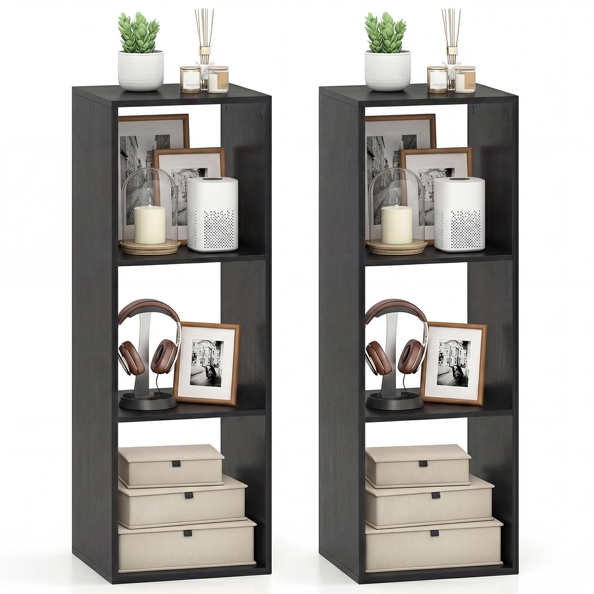 Goflame 3-Cube Bookcase, White Cubby Bookshelf w/Back Guardrail & Anti-Tipping Kits