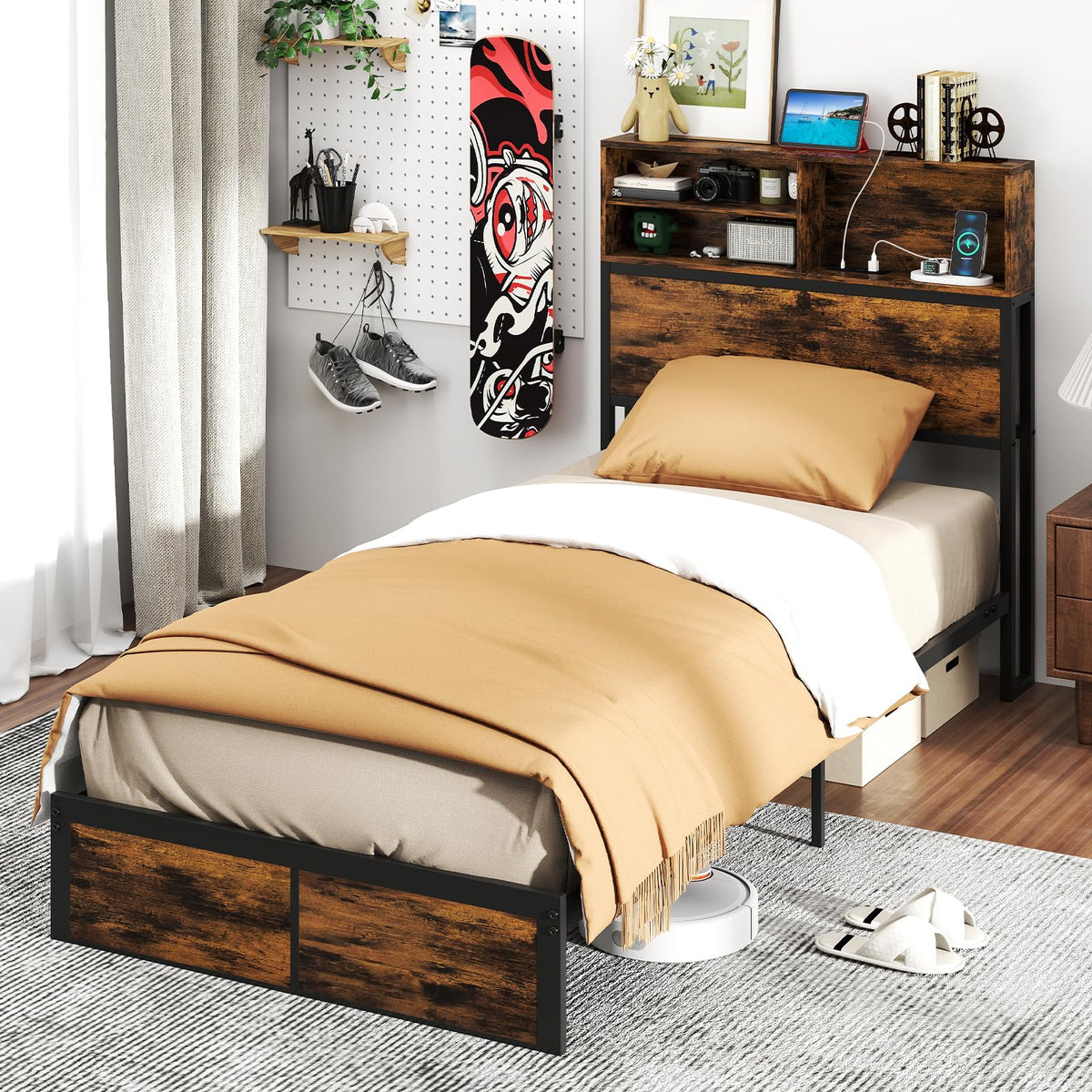 Goflame King/Queen/Twin Size Bed Frame with Storage Headboard and Charging Station, Industrial Metal Platform Bed