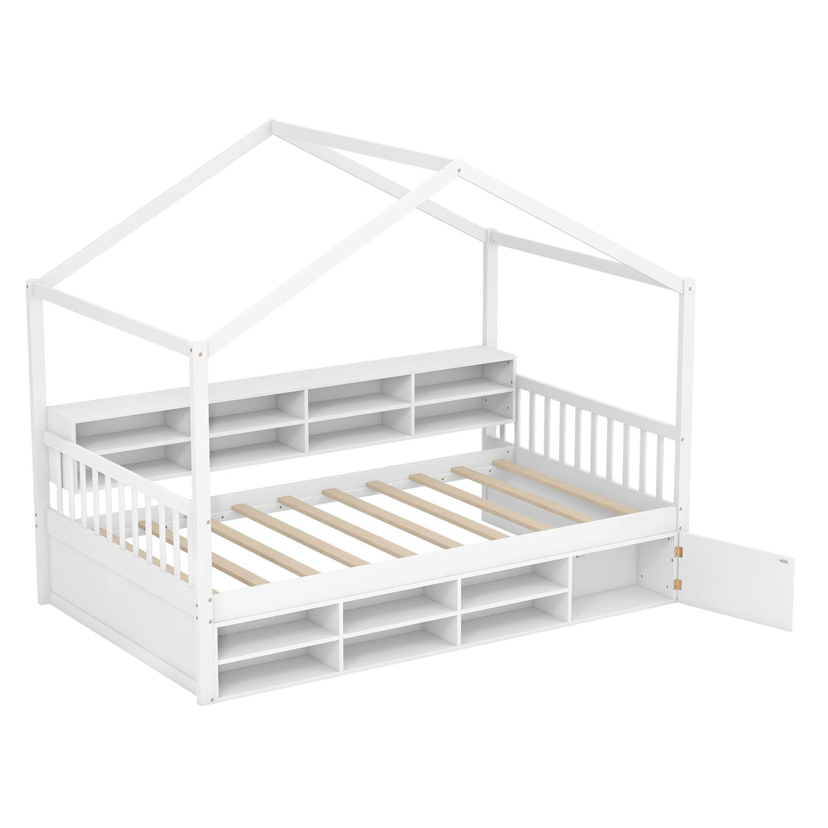 Goflame Twin Size House Bed with Storage, Wooden Montessori House Bed with 14 Storage Cubes