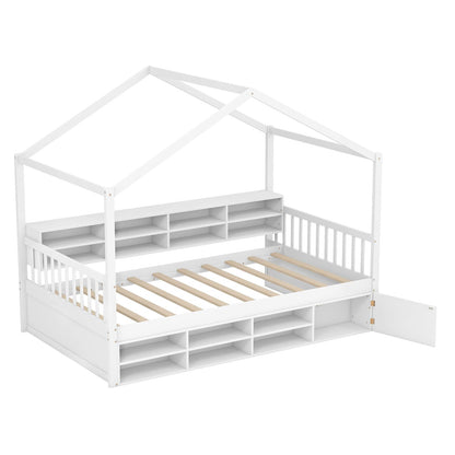 Goflame Twin Size House Bed with Storage, Wooden Montessori House Bed with 14 Storage Cubes
