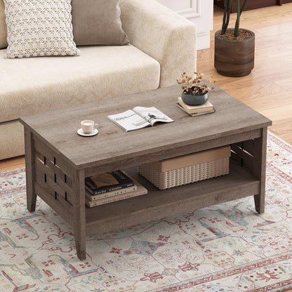 Goflame 2-Tier Farmhouse Coffee Table with Open Shelf and Woven Decorations for Living Room