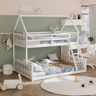 Goflame Twin Over Full House Bunk Bed, Floor Low Bunk Bed Frame w/Integrated Ladder & Safety Guardrails