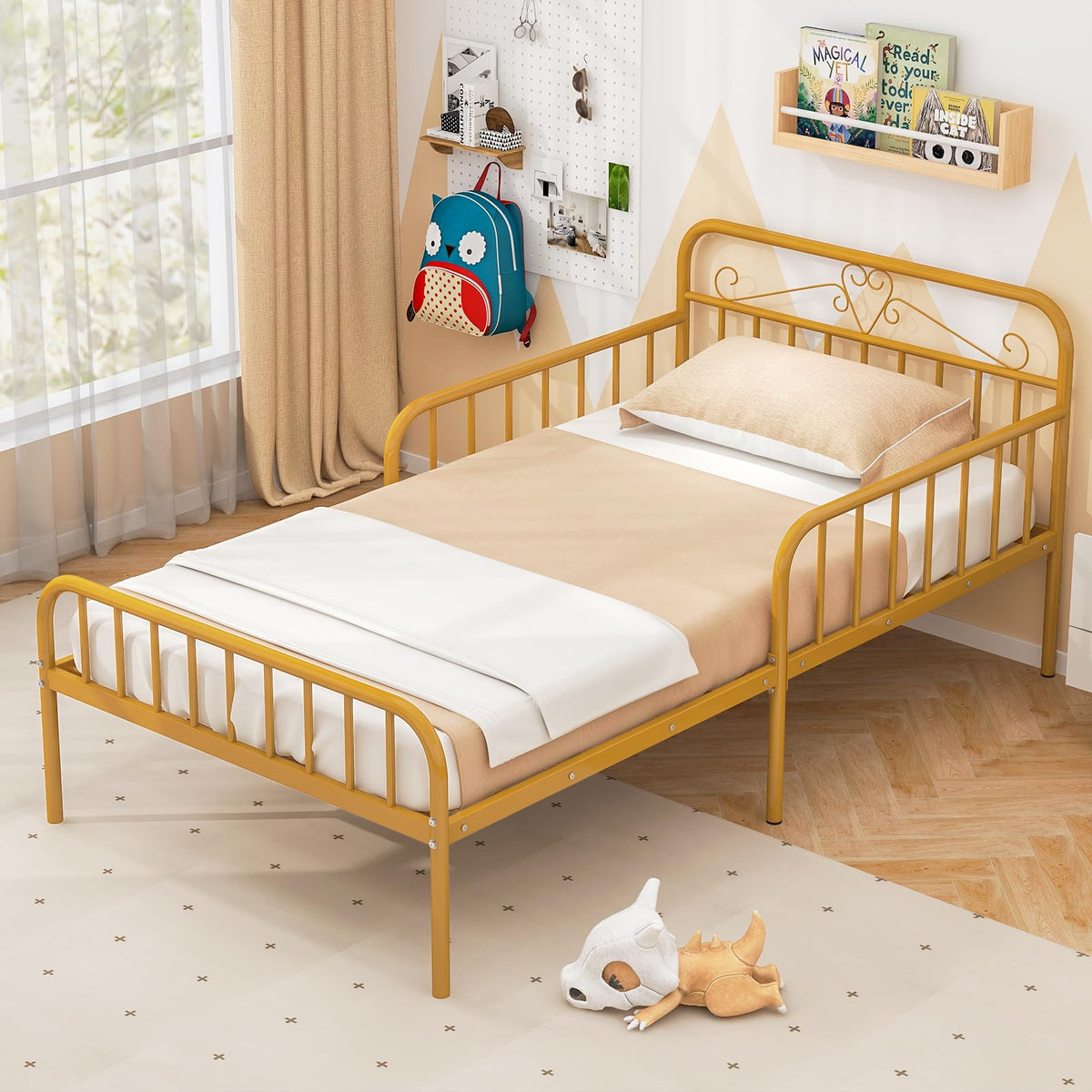 Goflame Metal Twin Bed Frames for Kids, Heavy Duty Metal Platform Bed Frame with Headboard & Safety Guardrails