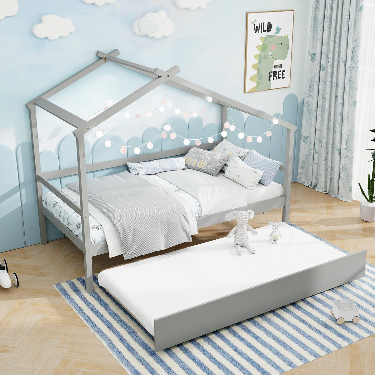 Goflame Wood House Bed for Kids, Twin Bed Frame with Trundle Bed Twin
