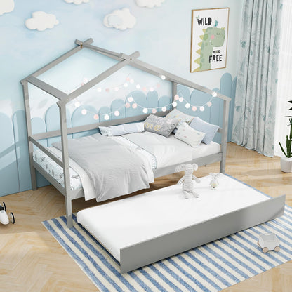 Goflame Wood House Bed for Kids, Twin Bed Frame with Trundle Bed Twin