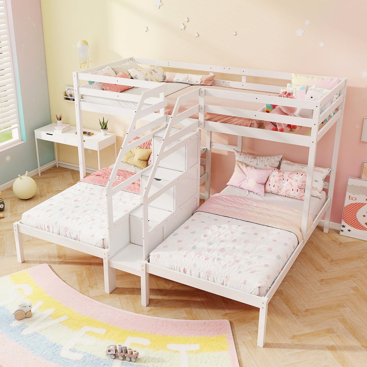 Goflame Twin Over Twin & Twin Bunk Bed, Triple Bunk Beds with 4-Step Storage Stair, Wooden 3 Bunk Beds for Kids Teens