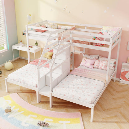 Goflame Twin Over Twin & Twin Bunk Bed, Triple Bunk Beds with 4-Step Storage Stair, Wooden 3 Bunk Beds for Kids Teens