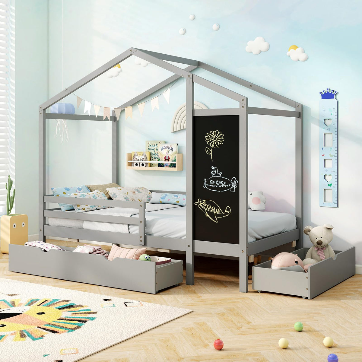 Goflame Twin Bed with 2 Storage Drawers, Solid Wood House Bed with Blackboard & Safety Guardrails