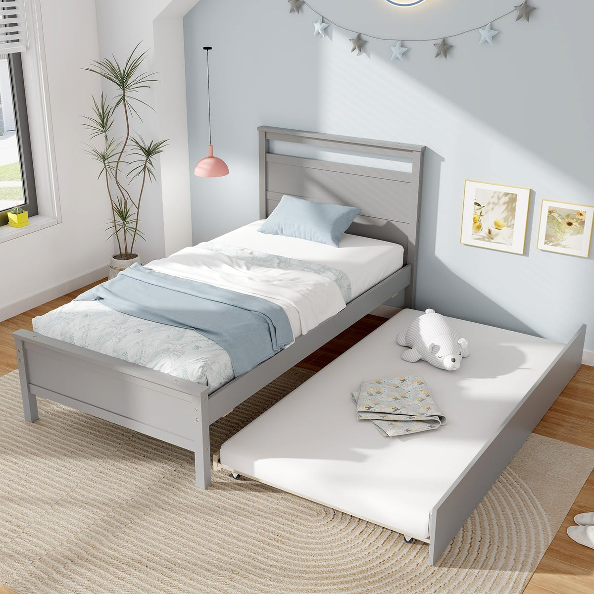 Goflame Trundle Bed Twin, Wood Day Bed Frame with Headboard & Footboard