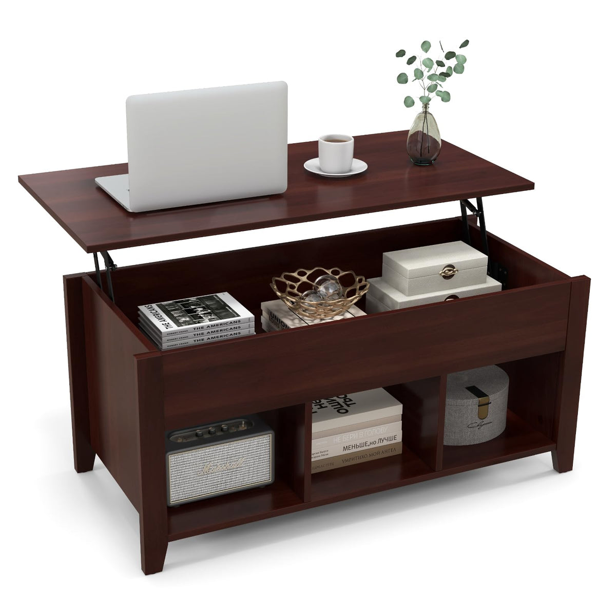 Goflame Lift Top Coffee Table - Rectangular Wooden Table w/Hidden Compartment & Open Storage Shelves