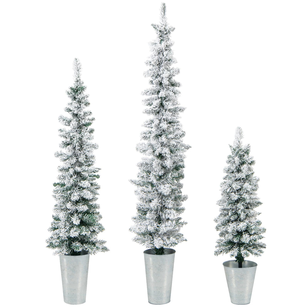 Goflame Set of 3 Artificial Christmas Tree, 3' 4' 5' Slim Pencil Xmas Tree with Silver Metal Buckets