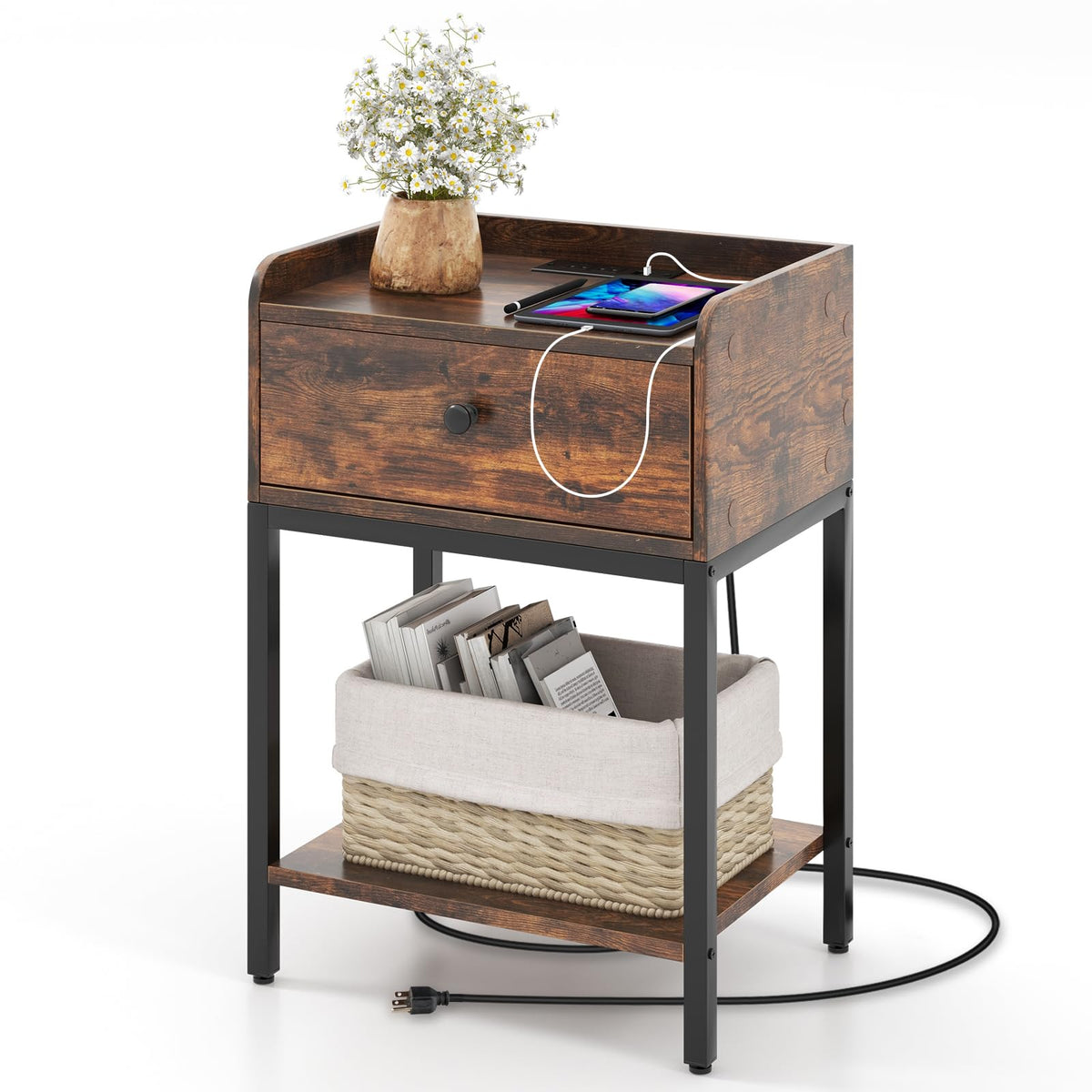 Goflame Nightstand with Charging Station, Industrial Bedside Table with Storage Drawer & Open Shelf