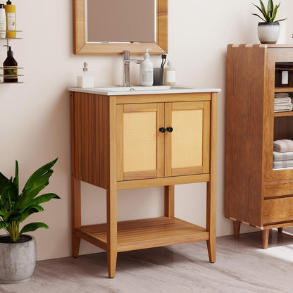 Goflame Bathroom Vanity with Sink Solid Acacia Wood Modern Vanity Sink Cabinet